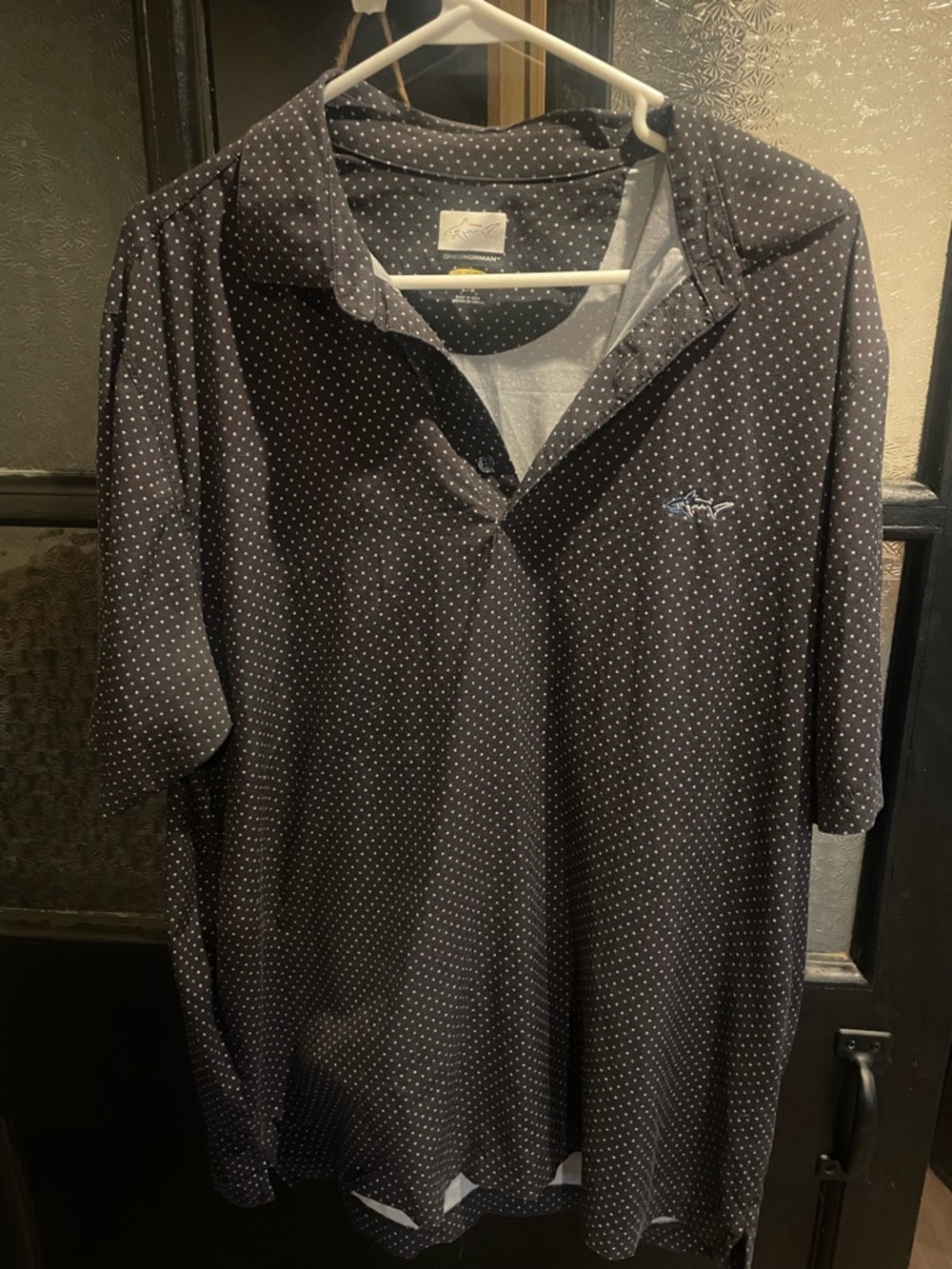 Greg Norman Collection Black Micro-Dot Polo with Embroidered Shark Logo